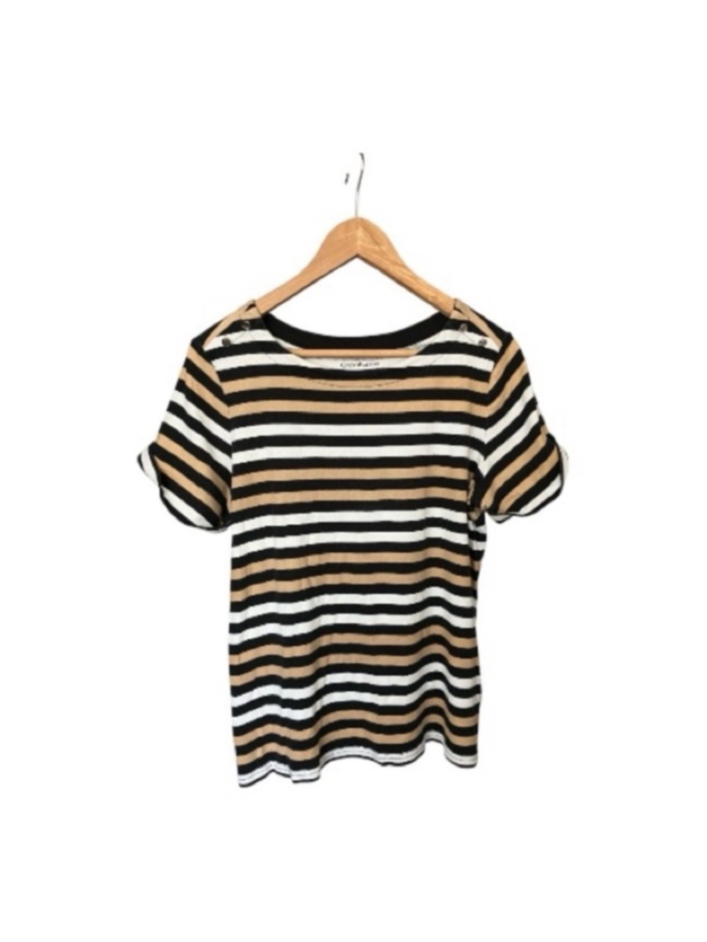 Croft & Barrow Striped Short Sleeve Crew Neck Top size L Black Tan